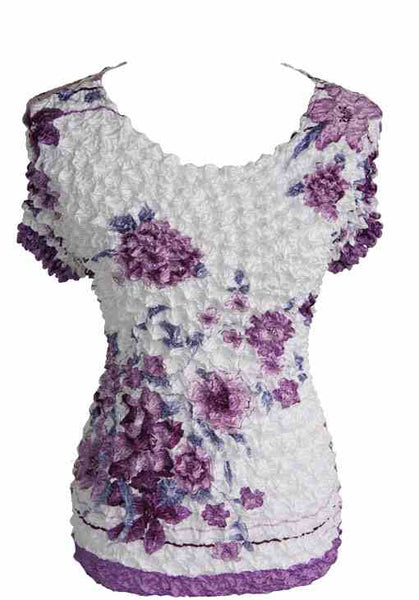 Women's Popcorn Floral Print Blouse Short Sleeve Top Expandable One Size New