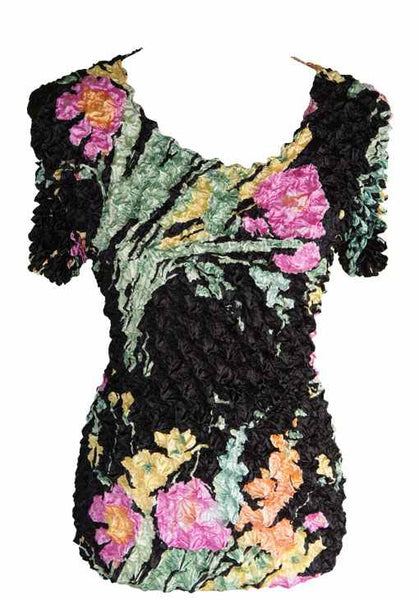 Women's Popcorn Floral Print Blouse Short Sleeve Top Expandable One Size New
