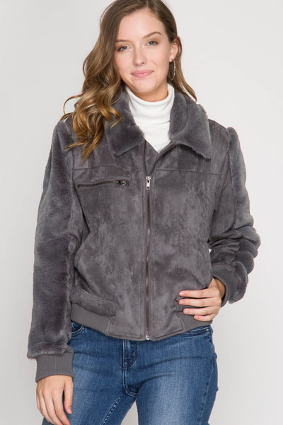 Women's Long Sleeve Faux Suede Jacket w/ Faux Fur Detail Charcoal She + Sky New