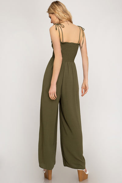 Women's Woven Smocked Tube Top Jumpsuit Olive Color She + Sky New