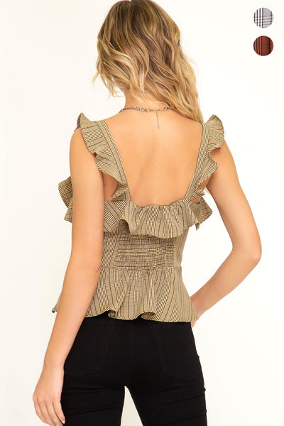 Women's Sleeveless Woven Glen Plaid Top Ruffles & Smocking She + Sky S,M,L New