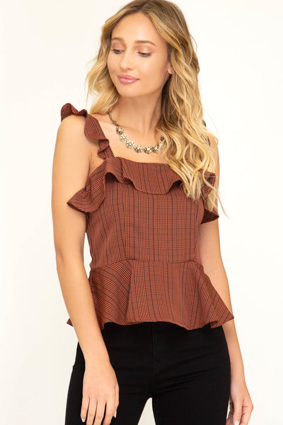 Women's Sleeveless Woven Glen Plaid Top Ruffles & Smocking She + Sky S,M,L New