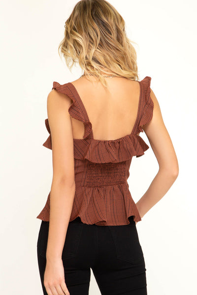 Women's Sleeveless Woven Glen Plaid Top Ruffles & Smocking She + Sky S,M,L New