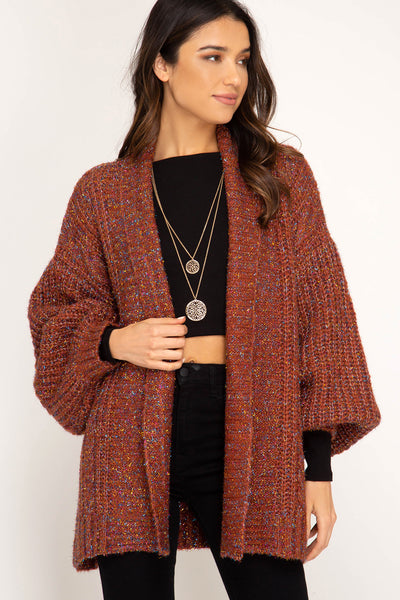 Women's Puff Sleeve Cardigan with Lurex Cinnamon She + Sky One Size New