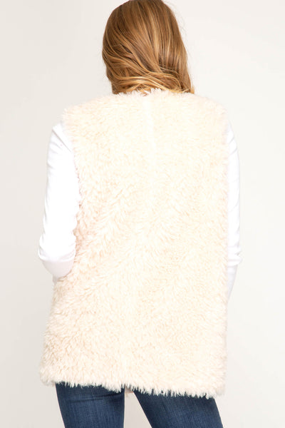 Women's Faux Fur Open Vest w/ Pockets Black Vanilla She + Sky Sizes S,M,L New