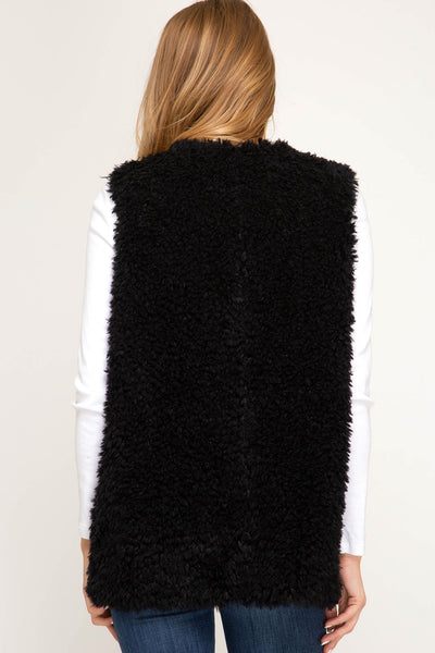 Women's Faux Fur Open Vest w/ Pockets Black Vanilla She + Sky Sizes S,M,L New