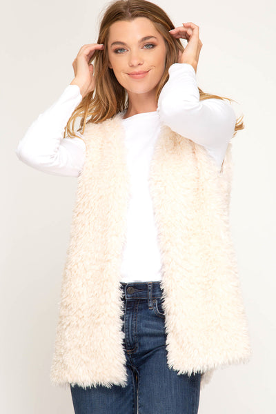 Women's Faux Fur Open Vest w/ Pockets Black Vanilla She + Sky Sizes S,M,L New
