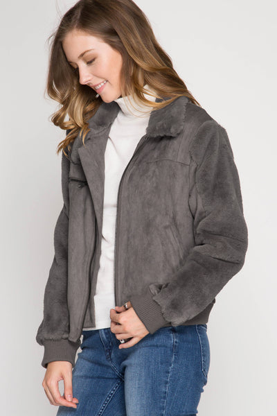Women's Long Sleeve Faux Suede Jacket w/ Faux Fur Detail Charcoal She + Sky New