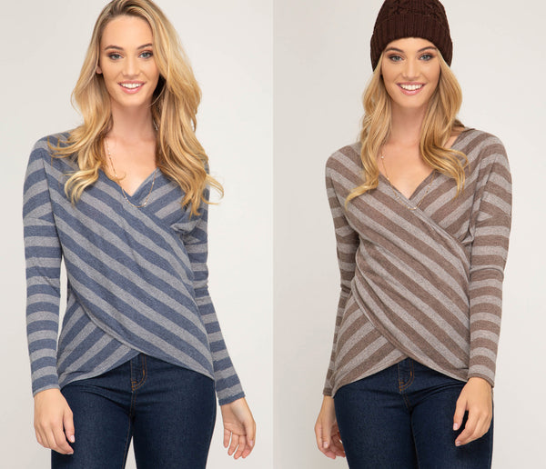 Women's Long Sleeve Striped Knit Cross Front Top She + Sky New
