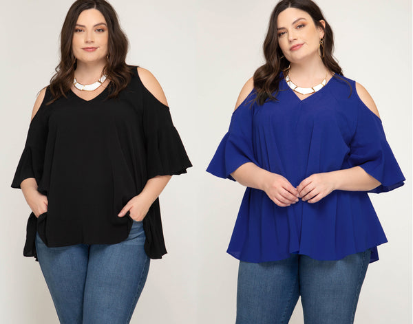 Plus Women's Half Sleeve Cold Shoulder Woven Top Flared Sleeves She + Sky New