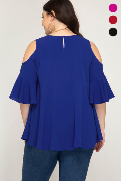 Plus Women's Half Sleeve Cold Shoulder Woven Top Flared Sleeves She + Sky New
