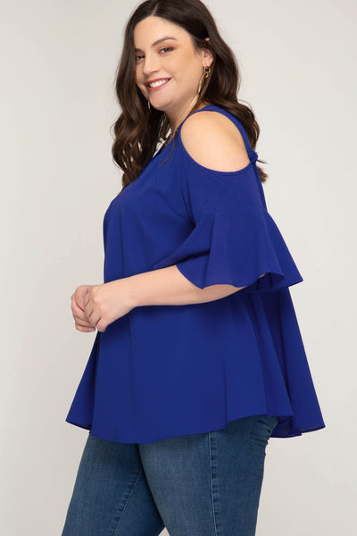 Plus Women's Half Sleeve Cold Shoulder Woven Top Flared Sleeves She + Sky New