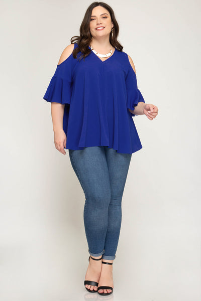 Plus Women's Half Sleeve Cold Shoulder Woven Top Flared Sleeves She + Sky New