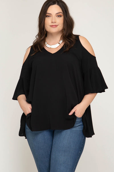 Plus Women's Half Sleeve Cold Shoulder Woven Top Flared Sleeves She + Sky New