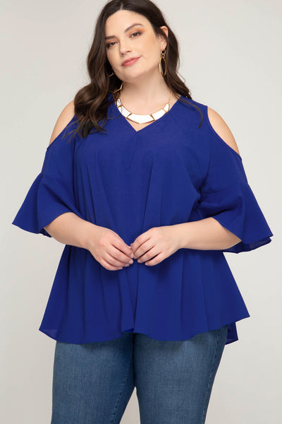Plus Women's Half Sleeve Cold Shoulder Woven Top Flared Sleeves She + Sky New