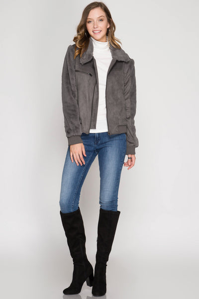 Women's Long Sleeve Faux Suede Jacket w/ Faux Fur Detail Charcoal She + Sky New