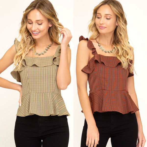 Women's Sleeveless Woven Glen Plaid Top Ruffles & Smocking She + Sky S,M,L New
