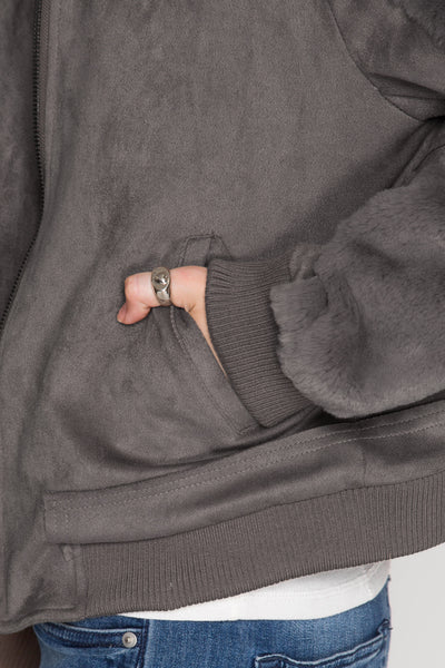 Women's Long Sleeve Faux Suede Jacket w/ Faux Fur Detail Charcoal She + Sky New
