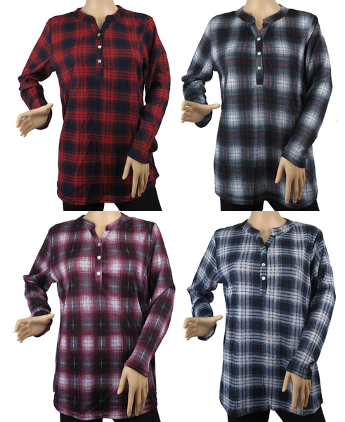 Women's Long Sleeve Plaid Blouse 3 Button Crew Neck Henley Shirt Top Size M-2XL New
