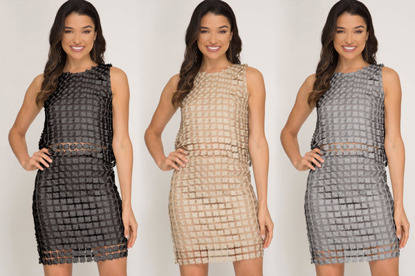 Women's Sleeveless Lurex Crochet Lace Crop Top & Skirt Set She + Sky S,M,L New