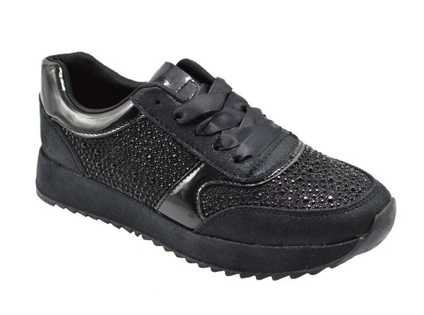Women's "Bling Bling" Sneaker Shoes in Black w/ Laces Sizes 6-10 New