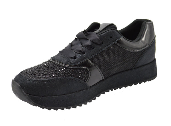 Women's "Bling Bling" Sneaker Shoes in Black w/ Laces Sizes 6-10 New