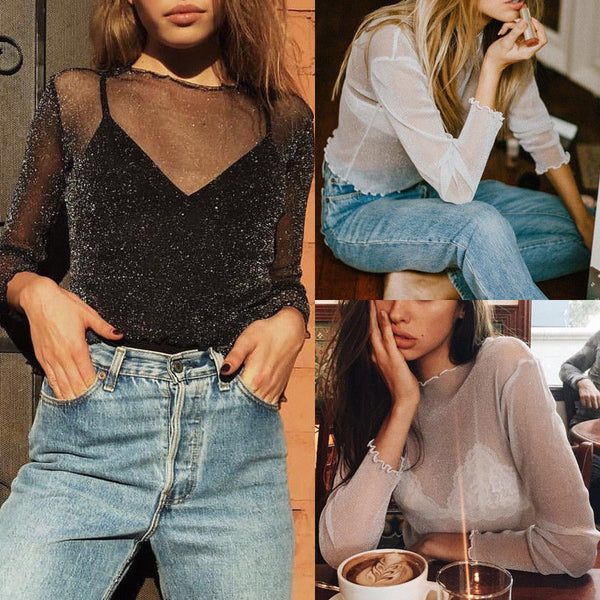 Women's Glitter Sparkle Long Sleeve Mesh Sheer See Through Blouse Top New