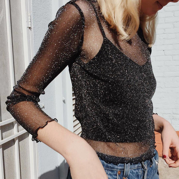 Women's Glitter Sparkle Long Sleeve Mesh Sheer See Through Blouse Top New
