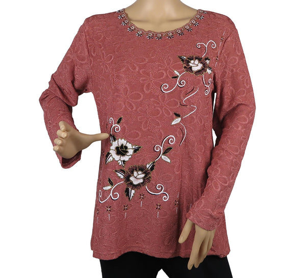 Women's Festive Floral Embroidered Long Sleeve Blouse Top New