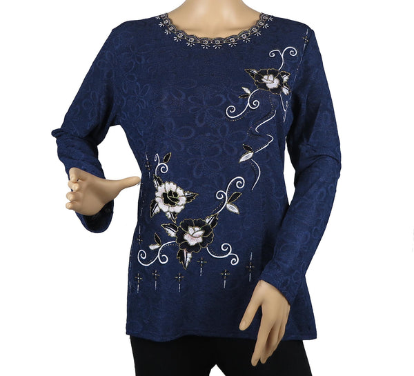 Women's Festive Floral Embroidered Long Sleeve Blouse Top New