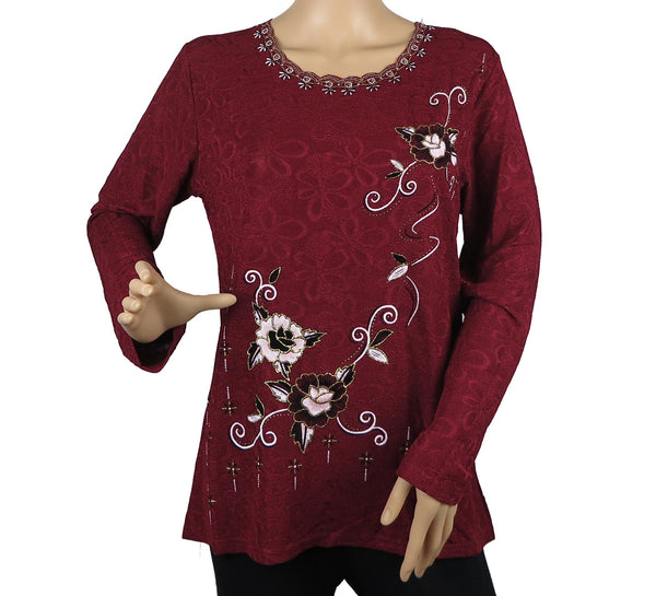 Women's Festive Floral Embroidered Long Sleeve Blouse Top New