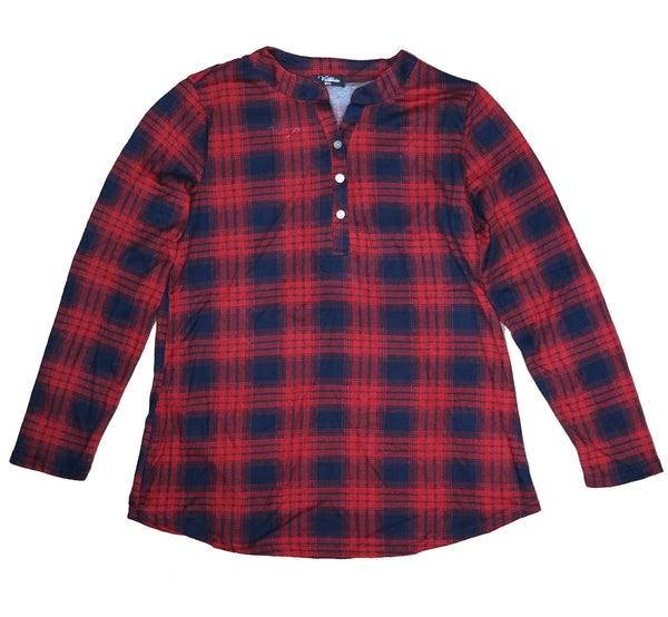 Women's Long Sleeve Plaid Blouse 3 Button Crew Neck Henley Shirt Top Size M-2XL New