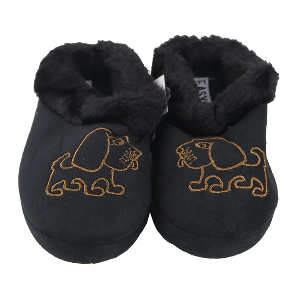 Children's Animal Embroidered Print Fur Cuff Comfy House Slippers TPR Sole - New