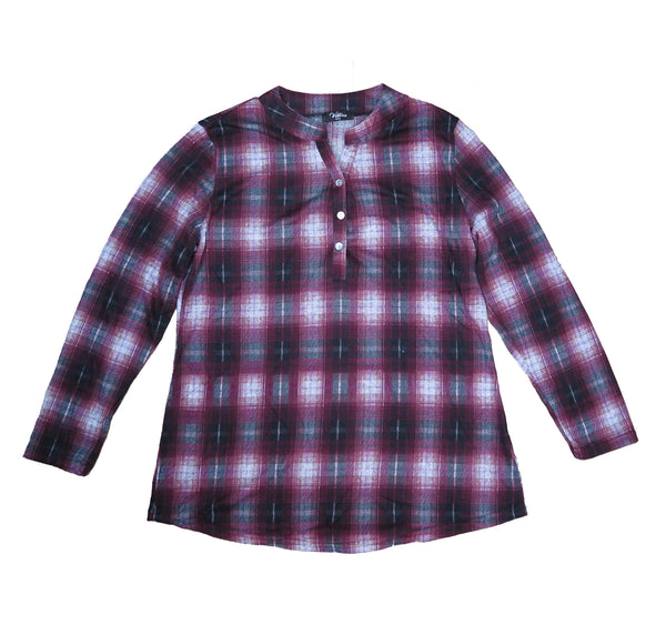 Women's Long Sleeve Plaid Blouse 3 Button Crew Neck Henley Shirt Top Size M-2XL New