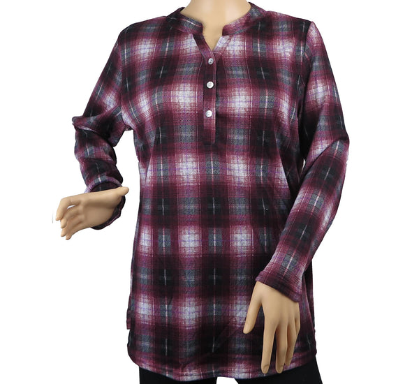 Women's Long Sleeve Plaid Blouse 3 Button Crew Neck Henley Shirt Top Size M-2XL New