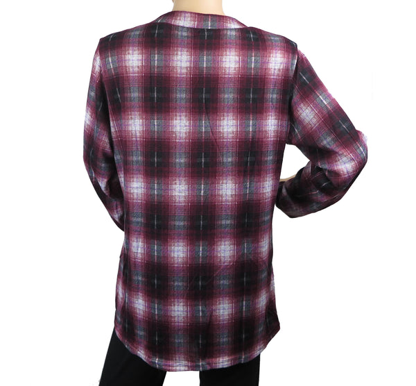 Women's Long Sleeve Plaid Blouse 3 Button Crew Neck Henley Shirt Top Size M-2XL New
