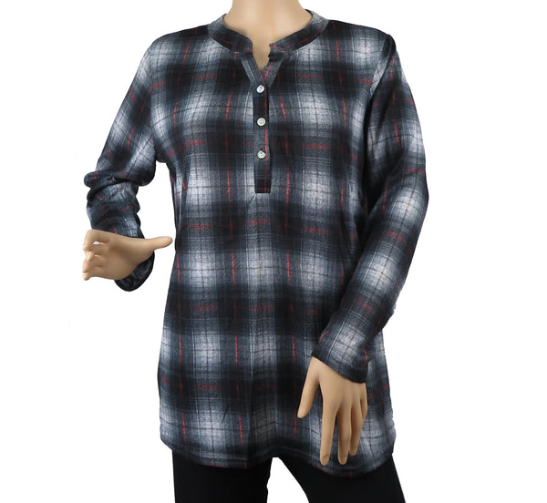 Women's Long Sleeve Plaid Blouse 3 Button Crew Neck Henley Shirt Top Size M-2XL New