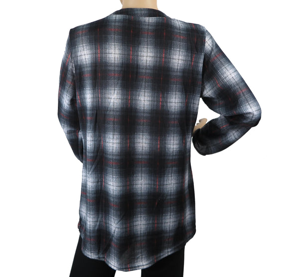 Women's Long Sleeve Plaid Blouse 3 Button Crew Neck Henley Shirt Top Size M-2XL New