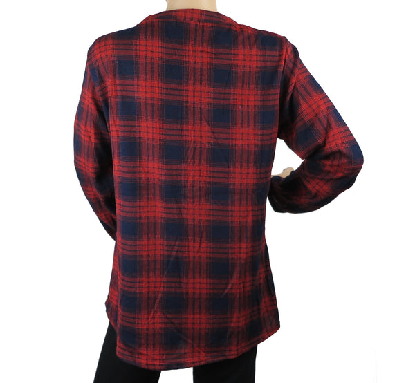 Women's Long Sleeve Plaid Blouse 3 Button Crew Neck Henley Shirt Top Size M-2XL New