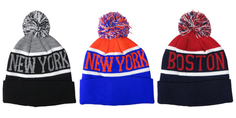Women's Knit Beanie Pom Pom Hat New York Boston One Size New