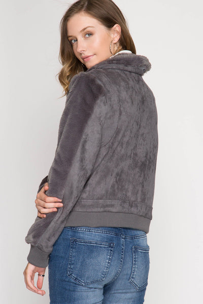 Women's Long Sleeve Faux Suede Jacket w/ Faux Fur Detail Charcoal She + Sky New