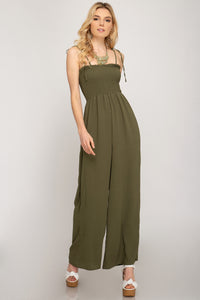 Women's Woven Smocked Tube Top Jumpsuit Olive Color She + Sky New