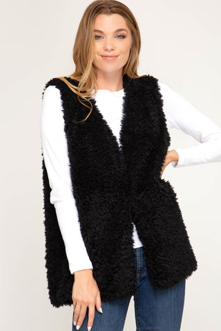 Women's Faux Fur Open Vest w/ Pockets Black Vanilla She + Sky Sizes S,M,L New