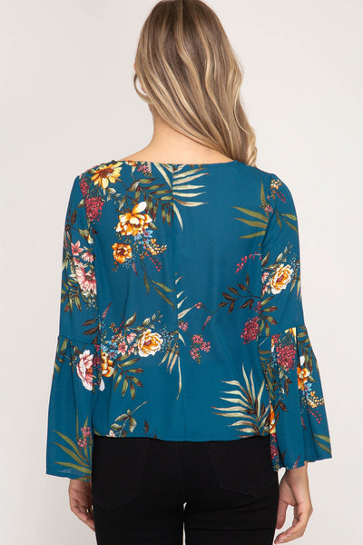 Women's Pleated Bell Sleeves Woven Floral Top Teal Color She + Sky New