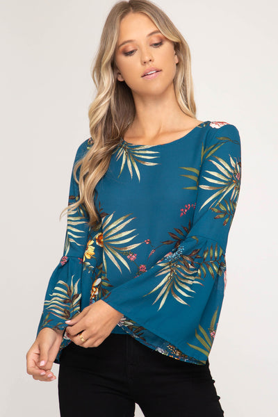 Women's Pleated Bell Sleeves Woven Floral Top Teal Color She + Sky New