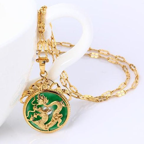 24K Gold Plated Dragon Pendant Malaysia Jade Jewelry Chain Necklace 7/8" New