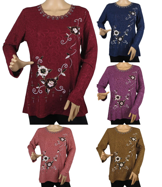 Women's Festive Floral Embroidered Long Sleeve Blouse Top New