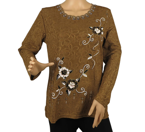 Women's Festive Floral Embroidered Long Sleeve Blouse Top New
