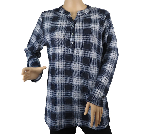 Women's Long Sleeve Plaid Blouse 3 Button Crew Neck Henley Shirt Top Size M-2XL New