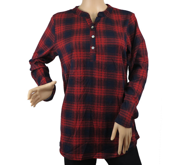 Women's Long Sleeve Plaid Blouse 3 Button Crew Neck Henley Shirt Top Size M-2XL New